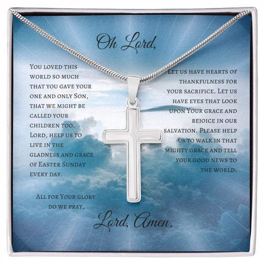 Cross Necklace with Easter Sunday Prayer Message card with Clouds